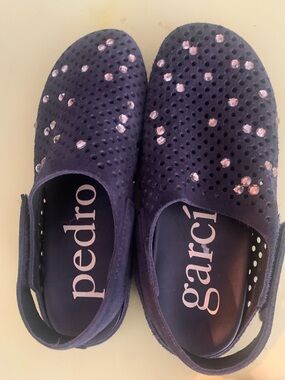 Pedro Garcia Navy Suede Perforated Slingback Flats with Pink Crystal Accents